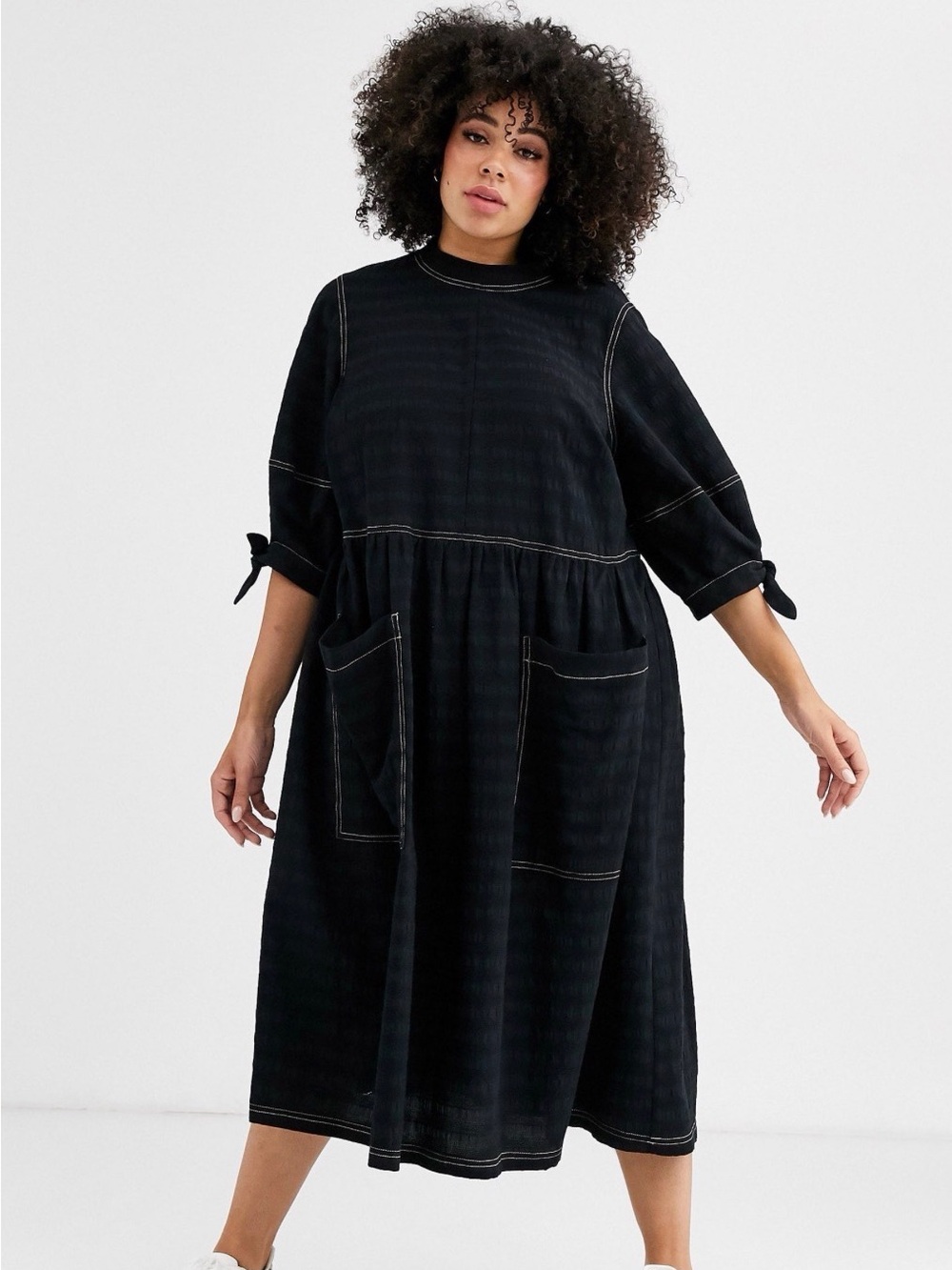 ASOS Black Relaxed Midi Dress with Tie Sleeve & Patch Pockets